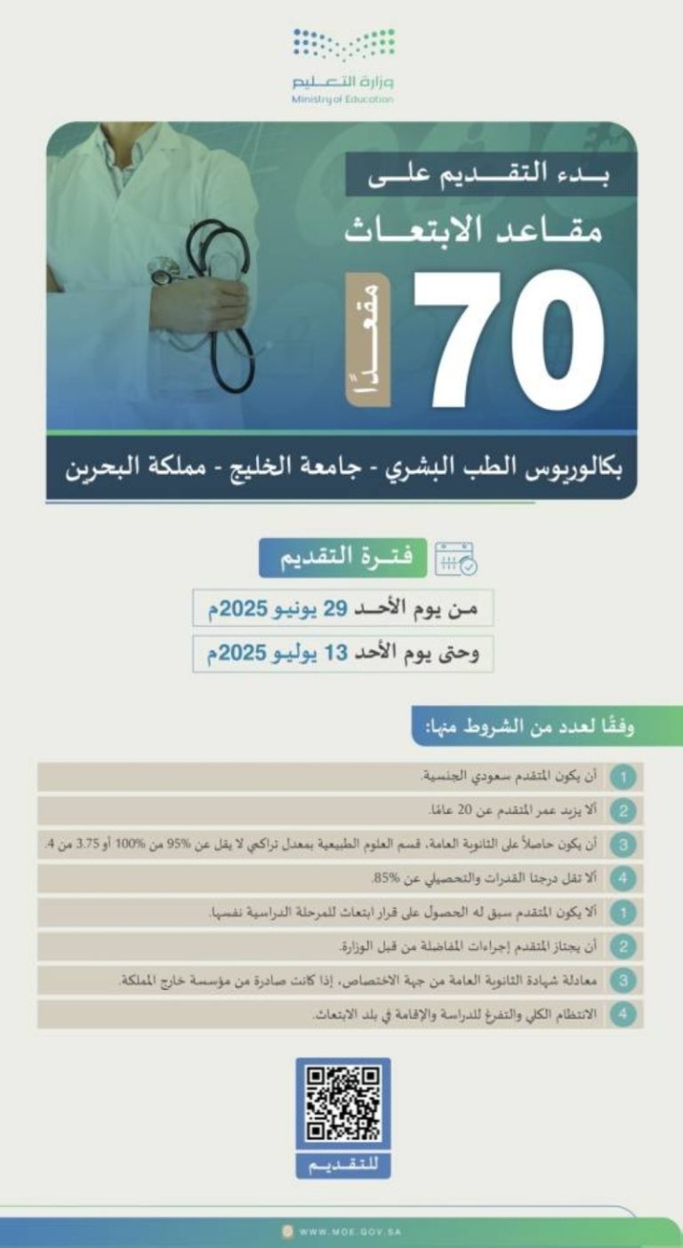 بدء التقديم على مقاعد الابتعاث لدراسة بكاليوس الطب البشري في البحرين