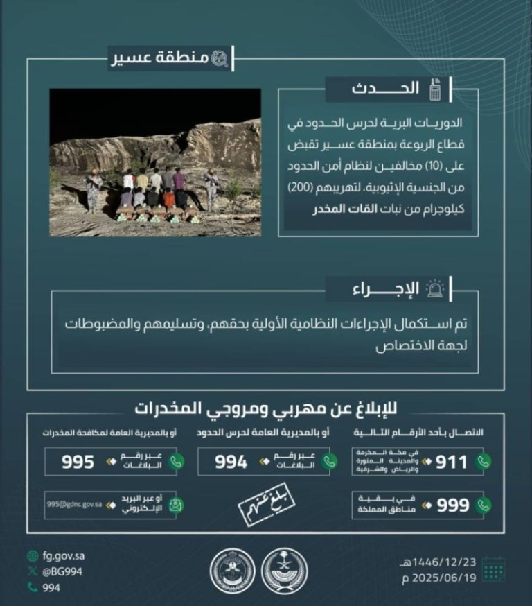 حرس الحدود بعسير يعتقل 10 مخالفين لتهريب 200 كيلوجرام من القات المخدر