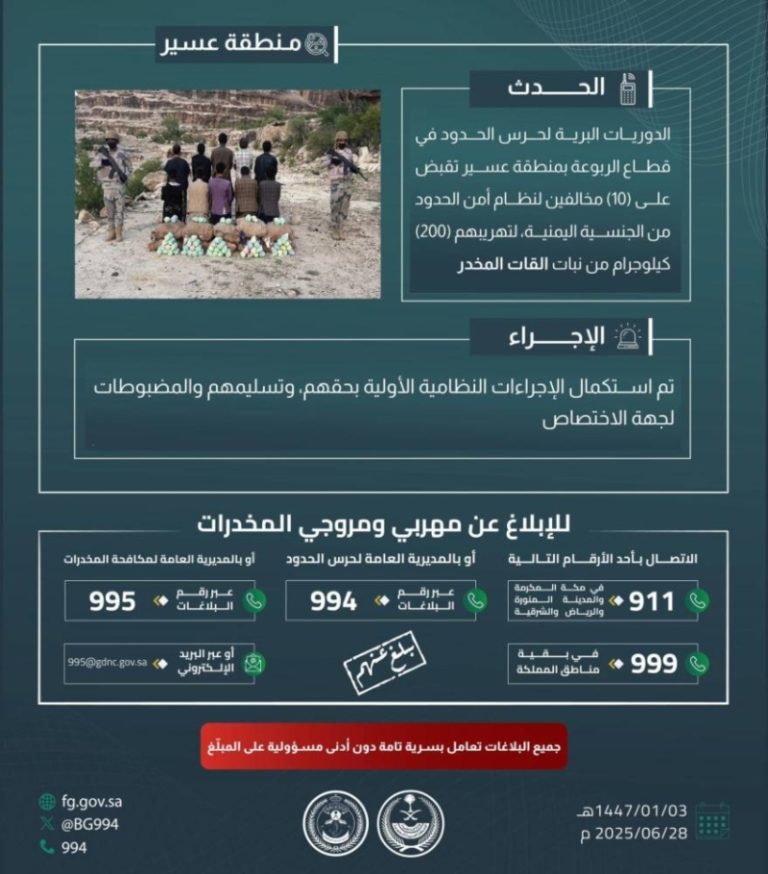 حرس الحدود بعسير ينقض على شبكة تهريب تضم (10) مخالفين وحيازتهم لـ (200) كيلوجرام من القات المخدر