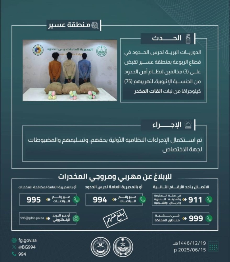 حرس الحدود في عسير يتمكن من القبض على 3 مخالفين لتهريب 75 كيلوجرامًا من القات المخدر