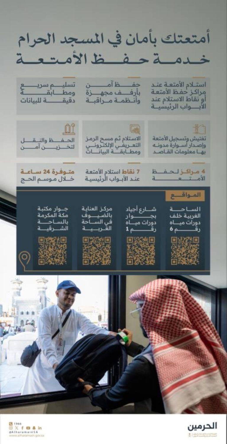 خدمة حفظ الأمتعة للحجاج تقدمها عناية شؤون الحرمين