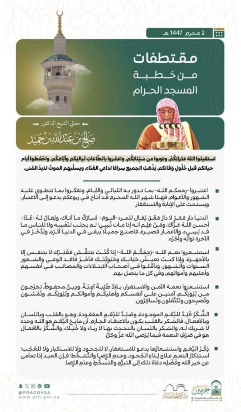 خطبة الجمعة في المسجد الحرام توحد القلوب
خطبة الجمعة بالمسجد الحرام تنشر الروحانية
نداء الجمعة من المسجد الحرام يرتقي بالروح
صوت الجمعة من المسجد الحرام يجذب المصلين
الجمعة المباركة في المسجد الحرام تبث الأمل