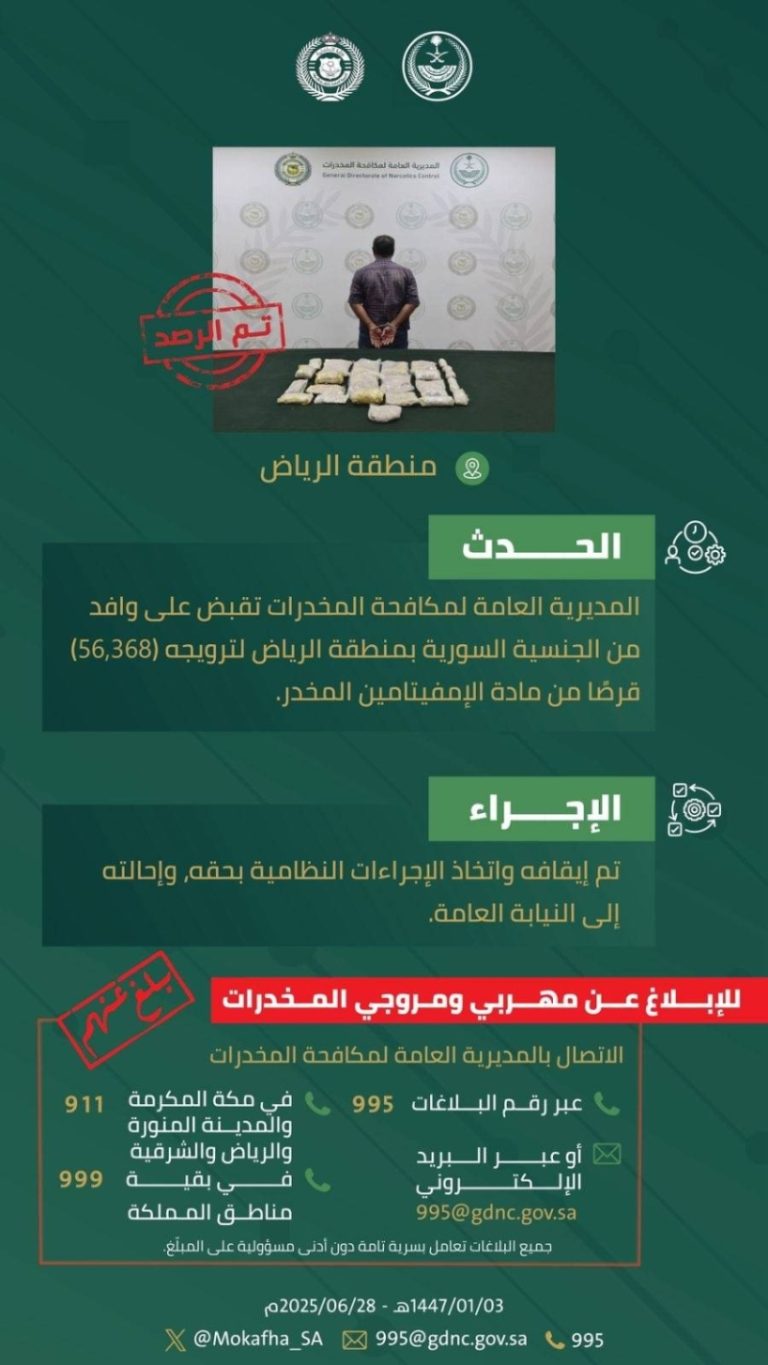 شرطة الرياض تكتشف وافدًا متورطًا في ترويج 56,368 قرص إمفيتامين مخدر