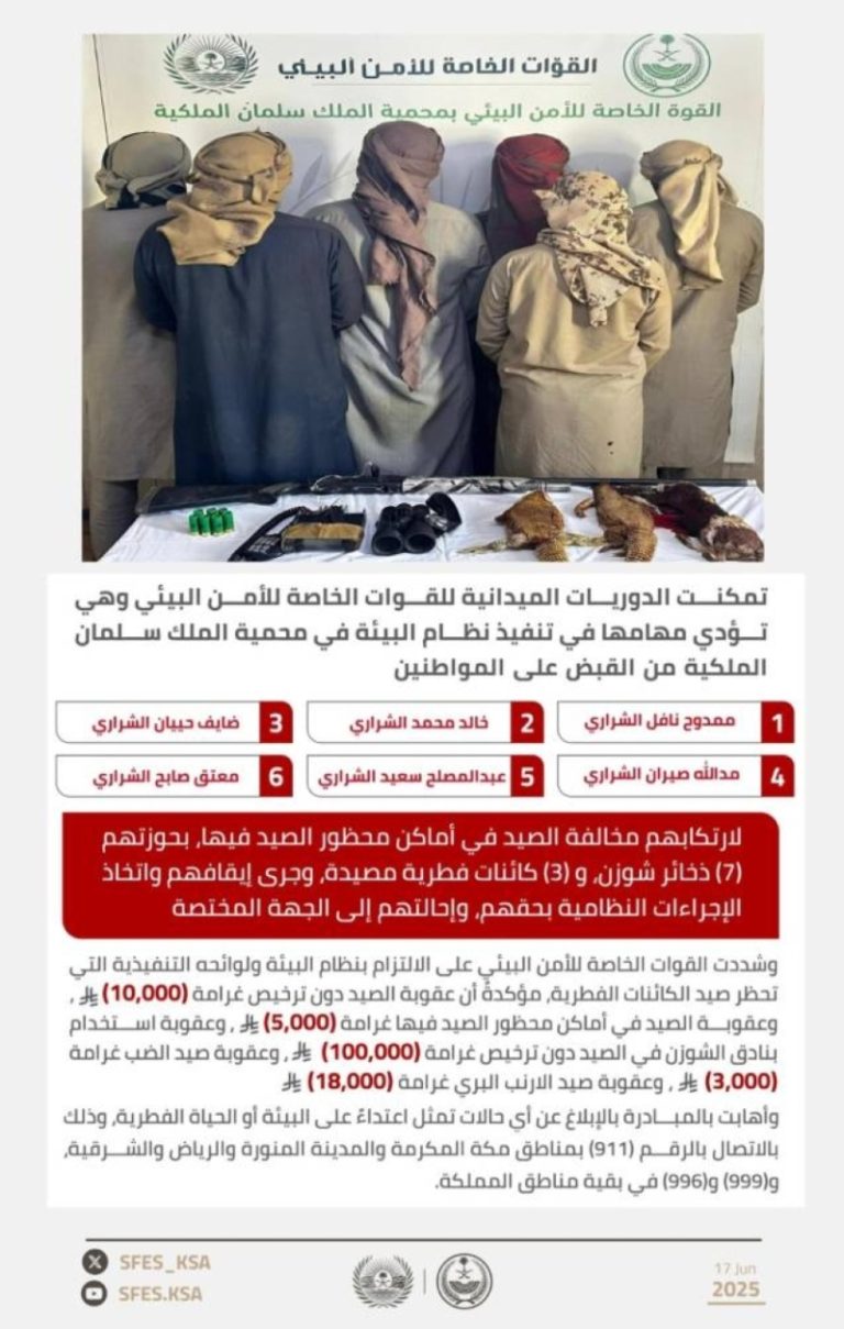 ضبط مخالفين يمارسون الصيد في محمية الملك سلمان الملكية