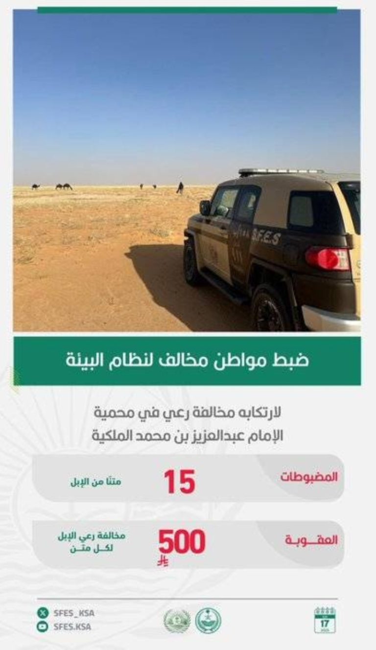 ضبط مواطن مخالف لرعي في محمية الإمام عبدالعزيز