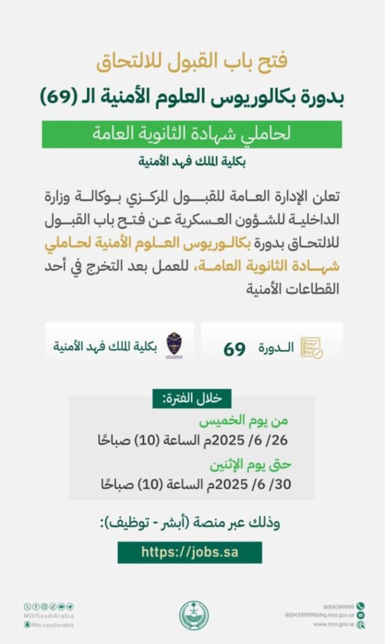 فتح القبول الخميس المقبل لدورة بكالوريوس العلوم الأمنية في كلية الملك فهد لحاملي الثانوية العامة