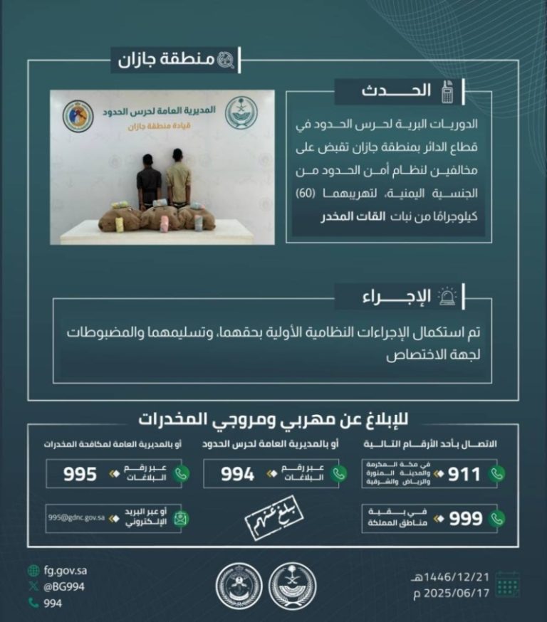قبض حرس الحدود بجازان على مخالفين لنظام أمن الحدود مع تهريب 60 كيلوجرامًا من نبات القات المخدر