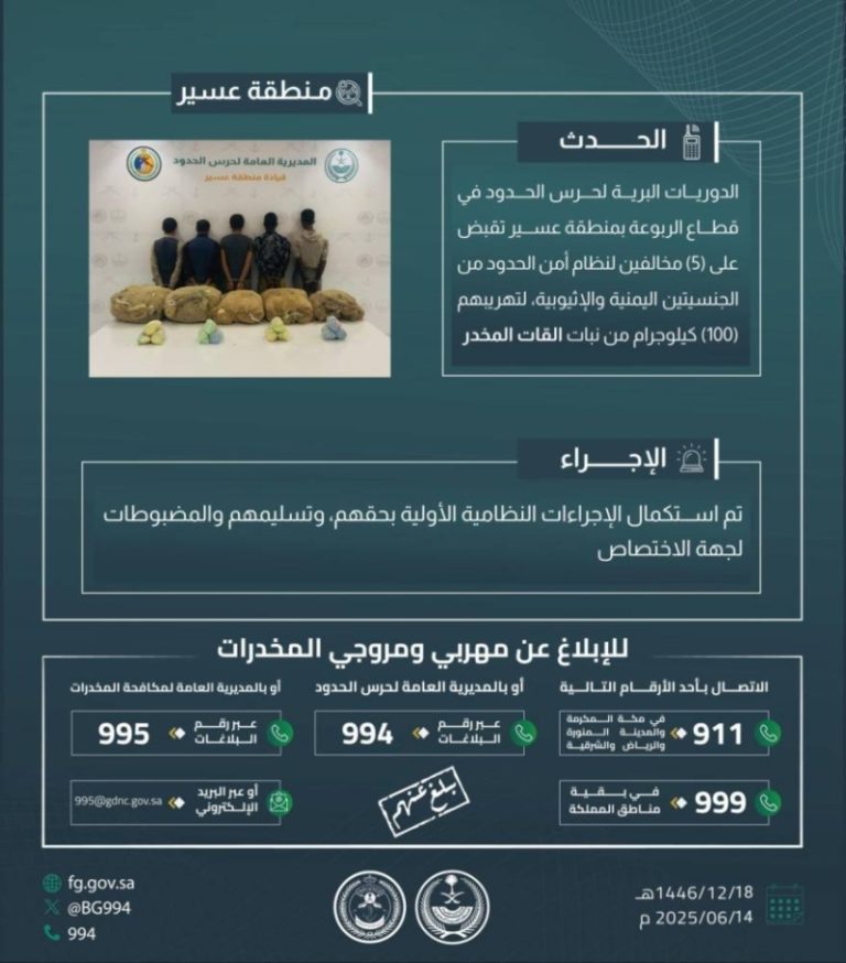 قبض حرس الحدود بعسير على 5 مخالفين لتهريب 100 كيلوجرام من القات المخدر