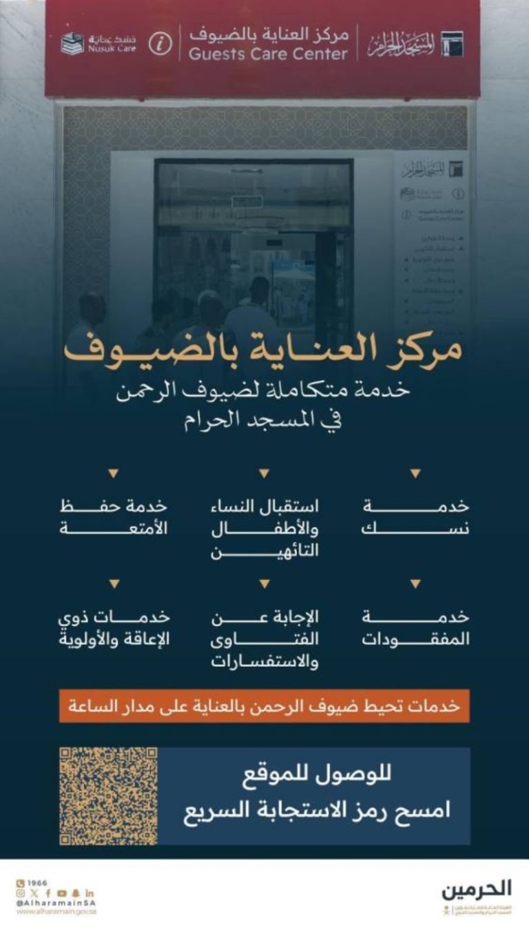 “مركز العناية بالضيوف” يقدم خدمات متميزة للحجاج في المسجد الحرام على مدار الساعة