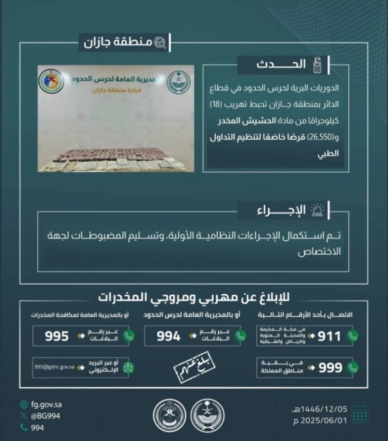 نجاح أمني في إحباط تهريب 18 كجم من الحشيش و26550 قرصاً مخدراً في “الدائر”