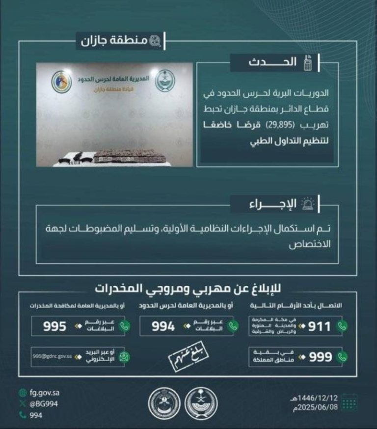 نجاح مكافحة التهريب: ضبط 29895 قرصًا مخدرًا في “الدائر”
