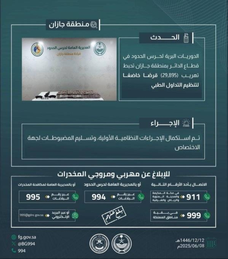 نجاح مكافحة التهريب: ضبط 29895 قرصًا مخدرًا في “الدائر”