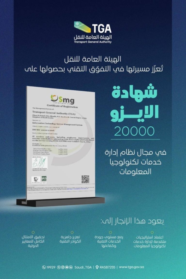 نظام إدارة خدمات تكنولوجيا المعلومات يحصل على شهادة الآيزو بفضل هيئة النقل