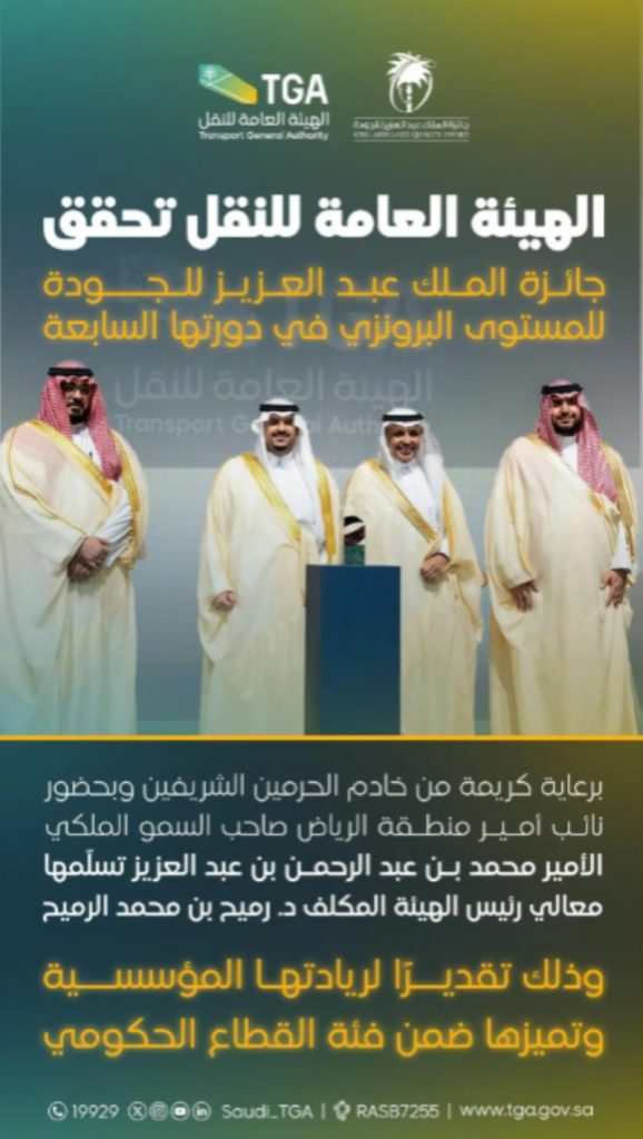هيئة النقل تنال “المستوى البرونزي” في جائزة الملك عبدالعزيز للجودة