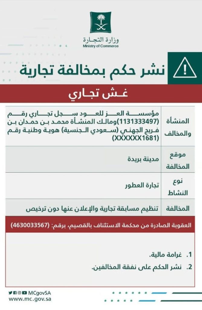 وزارة التجارة تُعاقب مالك منشأة تجارية بسبب تنظيم مسابقة غير مرخصة